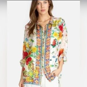 100% Silk Johnny Was Colorful Floral Button-down Blouse - feels like heaven